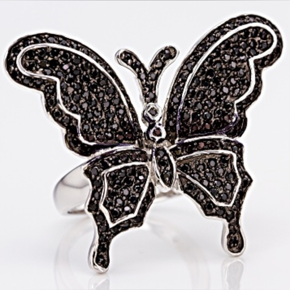 NWT JTV Butterfly Black Spinel Rhodium Over Sterling Silver 3.50ctw Ring Size 7 - Picture 2 of 6